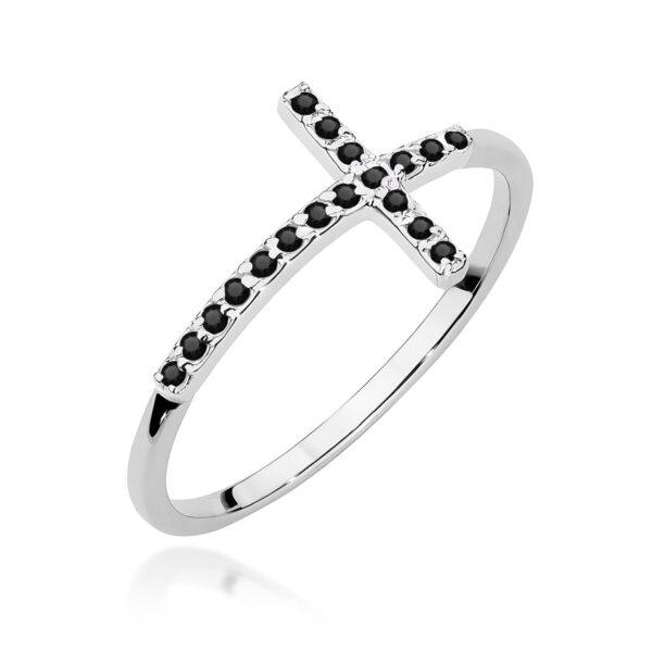 Białe Złoto Pierścionek z Czarnymi Diamentami 0,09 ct